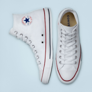 White and red high top converse all star shoe